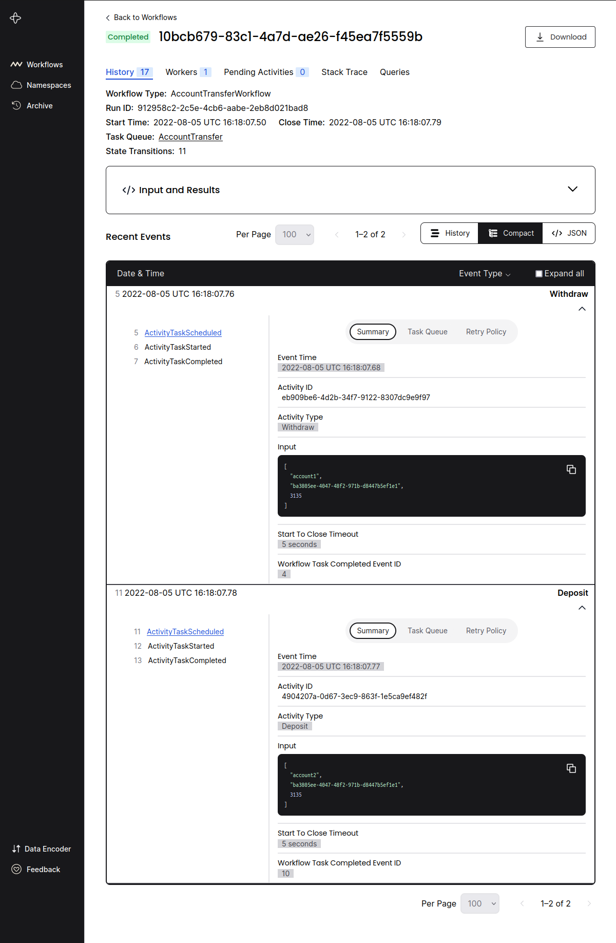 Temporal Fronted Successful Workflow Detail